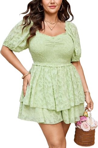 SCOMCHIC Plus Size Romper Dress Sweetheart Neckline Smocked Short Jumpsuit Playsuits with Pockets in Saudi Arabia