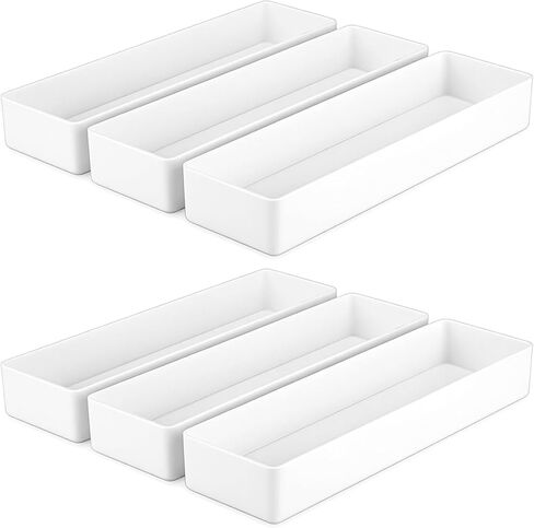 6 عبوات من صواني تنظيم المكتب البلاستيكية البيضاء، منظمات أدراج مستطيلة قابلة للتكديس للمكتب والمطبخ والحمام والغرور، 9.45 × 2.95 × 1.38 بوصة in Kuwait