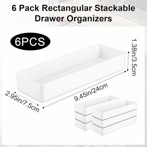6 عبوات من صواني تنظيم المكتب البلاستيكية البيضاء، منظمات أدراج مستطيلة قابلة للتكديس للمكتب والمطبخ والحمام والغرور، 9.45 × 2.95 × 1.38 بوصة in Kuwait