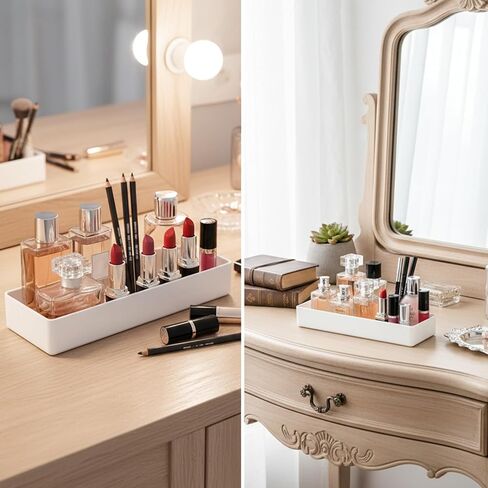 6 عبوات من صواني تنظيم المكتب البلاستيكية البيضاء، منظمات أدراج مستطيلة قابلة للتكديس للمكتب والمطبخ والحمام والغرور، 9.45 × 2.95 × 1.38 بوصة in Kuwait