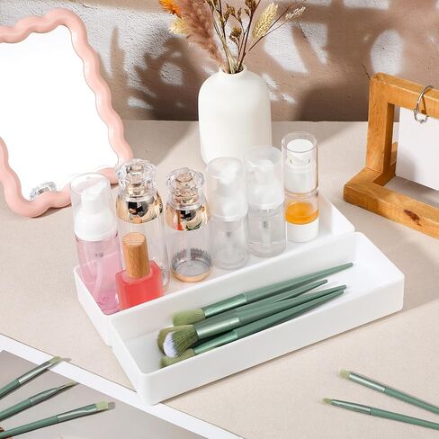 6 عبوات من صواني تنظيم المكتب البلاستيكية البيضاء، منظمات أدراج مستطيلة قابلة للتكديس للمكتب والمطبخ والحمام والغرور، 9.45 × 2.95 × 1.38 بوصة in Kuwait