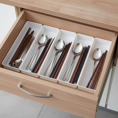 6 عبوات من صواني تنظيم المكتب البلاستيكية البيضاء، منظمات أدراج مستطيلة قابلة للتكديس للمكتب والمطبخ والحمام والغرور، 9.45 × 2.95 × 1.38 بوصة in Kuwait