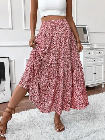 Women's Smocked High Waist Maxi Skirt Casual Boho A-line Long Skirts with Pockets in Saudi Arabia