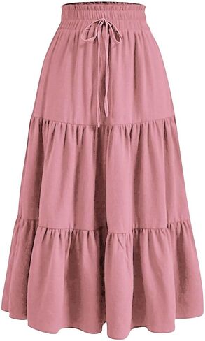 Women's Summer Maxi Skirt Fashion High Waist Pleated Ruffle Long Skirts Flowy Beach Boho Skirt Dress with Pockets in Saudi Arabia