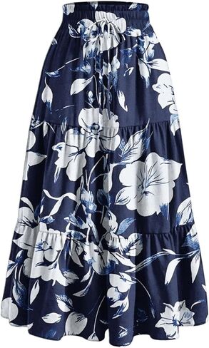 Women's Summer Maxi Skirt Fashion High Waist Pleated Ruffle Long Skirts Flowy Beach Boho Skirt Dress with Pockets in Saudi Arabia