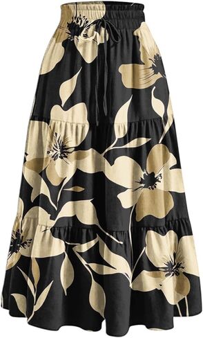 Women's Summer Maxi Skirt Fashion High Waist Pleated Ruffle Long Skirts Flowy Beach Boho Skirt Dress with Pockets in Saudi Arabia