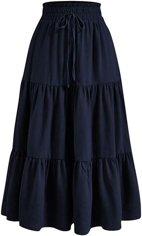Women's Summer Maxi Skirt Fashion High Waist Pleated Ruffle Long Skirts Flowy Beach Boho Skirt Dress with Pockets in Saudi Arabia