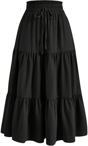 Women's Summer Maxi Skirt Fashion High Waist Pleated Ruffle Long Skirts Flowy Beach Boho Skirt Dress with Pockets in Saudi Arabia