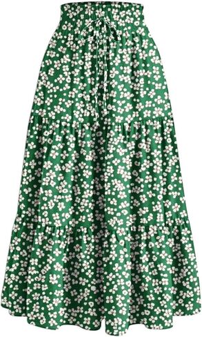 Women's Summer Maxi Skirt Fashion High Waist Pleated Ruffle Long Skirts Flowy Beach Boho Skirt Dress with Pockets in Saudi Arabia