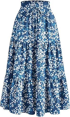 Women's Summer Maxi Skirt Fashion High Waist Pleated Ruffle Long Skirts Flowy Beach Boho Skirt Dress with Pockets in Saudi Arabia