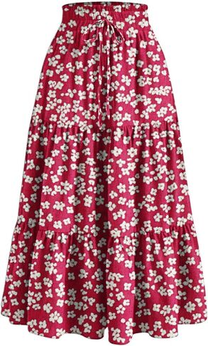 Women's Summer Maxi Skirt Fashion High Waist Pleated Ruffle Long Skirts Flowy Beach Boho Skirt Dress with Pockets in Saudi Arabia