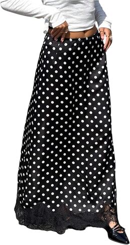 MakeMeChic Women's Summer Y2K Satin Skirt Polka Dots Floral Lace Skirts A Line High Waisted Maxi Skirts in Saudi Arabia