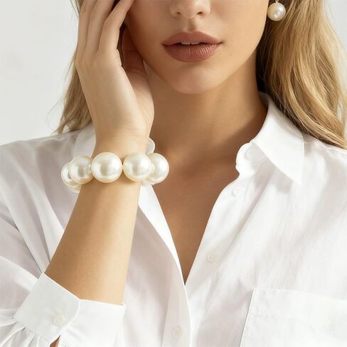 Chunky Simulated Pearl Bracelet for Women Dainty French Romantic Large Bead Link Bracelet Cute Minimalist Accessories in Saudi Arabia