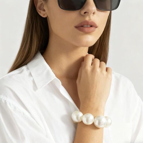 Chunky Simulated Pearl Bracelet for Women Dainty French Romantic Large Bead Link Bracelet Cute Minimalist Accessories in Saudi Arabia