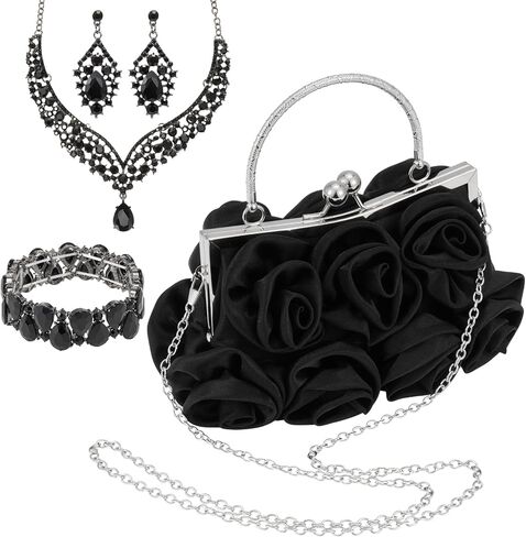 Rose Wedding Jewelry Set 4 Piece for Bride with Clutch Purse, Rhinestone Crystal Necklace Earrings Bracelet, Formal Accessories for Prom Party Banquet Anniversary in Saudi Arabia