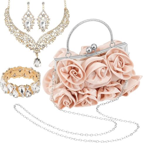 Rose Wedding Jewelry Set 4 Piece for Bride with Clutch Purse, Rhinestone Crystal Necklace Earrings Bracelet, Formal Accessories for Prom Party Banquet Anniversary in Saudi Arabia