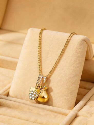 18K Plated Gold Shovel and Money Bag Charm Necklace with Crystal Accents in Saudi Arabia