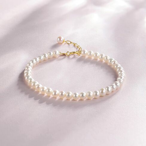 18K Gold Bracelet Pearl Chain Bracelets Adjustable Beaded Link White Freshwater Pearls Dainty Jewelry for Women Her Anniversary Birthday Trendy Stackable Layered Classic Simple Gifts in Saudi Arabia