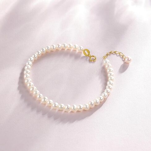18K Gold Bracelet Pearl Chain Bracelets Adjustable Beaded Link White Freshwater Pearls Dainty Jewelry for Women Her Anniversary Birthday Trendy Stackable Layered Classic Simple Gifts in Saudi Arabia
