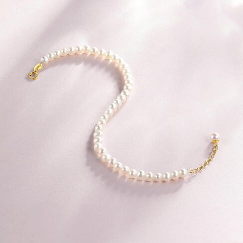 18K Gold Bracelet Pearl Chain Bracelets Adjustable Beaded Link White Freshwater Pearls Dainty Jewelry for Women Her Anniversary Birthday Trendy Stackable Layered Classic Simple Gifts in Saudi Arabia
