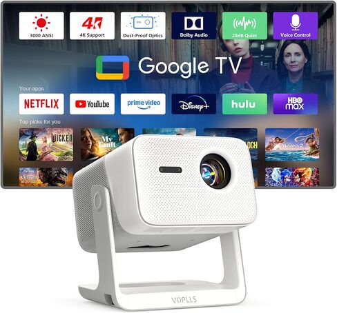 【3000 ANSI Official Licensed Google TV】4K Smart Projector with WiFi and Bluetooth, VOPLLS Outdoor Projectors with Dolby/Auto Focus, Portable Movie Phone Wireless Gaming Wifi Proyector for Bedroom/Home in Kuwait