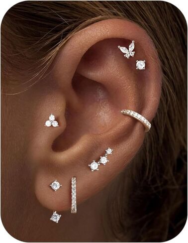 M MOOHAM Hypoallergenic Earring Stacks - 7 Pairs 14K Gold Plated Flat Back Stud Earrings Dainty Huggie Hoop Cartilage Helix Earring Jacket, Fashion Accessories Western Jewelry Gifts in Saudi Arabia