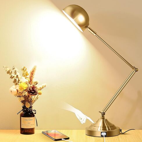 TOBUSA Architect Gold Desk Lamp Dimmable with USB Port, Adjustable Touch Control Vintage Desk Lamp 3 Color Modes, Brass Metal Desk Lamp Retro Style Reading Light for Home Office Desk Bedside Table in Kuwait