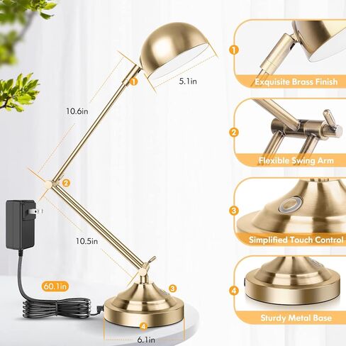 TOBUSA Architect Gold Desk Lamp Dimmable with USB Port, Adjustable Touch Control Vintage Desk Lamp 3 Color Modes, Brass Metal Desk Lamp Retro Style Reading Light for Home Office Desk Bedside Table in Kuwait