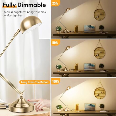 TOBUSA Architect Gold Desk Lamp Dimmable with USB Port, Adjustable Touch Control Vintage Desk Lamp 3 Color Modes, Brass Metal Desk Lamp Retro Style Reading Light for Home Office Desk Bedside Table in Kuwait