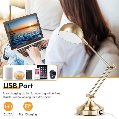 TOBUSA Architect Gold Desk Lamp Dimmable with USB Port, Adjustable Touch Control Vintage Desk Lamp 3 Color Modes, Brass Metal Desk Lamp Retro Style Reading Light for Home Office Desk Bedside Table in Kuwait