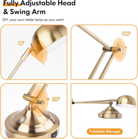 TOBUSA Architect Gold Desk Lamp Dimmable with USB Port, Adjustable Touch Control Vintage Desk Lamp 3 Color Modes, Brass Metal Desk Lamp Retro Style Reading Light for Home Office Desk Bedside Table in Kuwait
