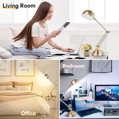 TOBUSA Architect Gold Desk Lamp Dimmable with USB Port, Adjustable Touch Control Vintage Desk Lamp 3 Color Modes, Brass Metal Desk Lamp Retro Style Reading Light for Home Office Desk Bedside Table in Kuwait