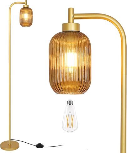 مصابيح أرضية زجاجية لغرفة المعيشة، مصباح ذهبي عتيق مع لمبة LED، ظل زجاجي مخطط كهرماني، مفتاح قدم، مصباح زاوية طويل من النحاس الحديث في منتصف القرن لغرفة النوم وغرفة القراءة in Kuwait