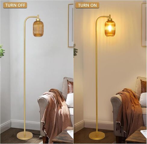 Glass Floor Lamps for Living Room, Vintage Gold Standing Lamp with LED Bulb, Amber Stripe Glass Shade, Foot Switch, Mid Century Modern Brass Tall Corner Lamp for Bedroom Office Reading Room in Saudi Arabia