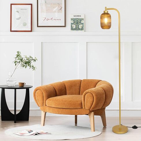 Glass Floor Lamps for Living Room, Vintage Gold Standing Lamp with LED Bulb, Amber Stripe Glass Shade, Foot Switch, Mid Century Modern Brass Tall Corner Lamp for Bedroom Office Reading Room in Saudi Arabia
