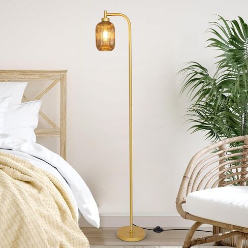 Glass Floor Lamps for Living Room, Vintage Gold Standing Lamp with LED Bulb, Amber Stripe Glass Shade, Foot Switch, Mid Century Modern Brass Tall Corner Lamp for Bedroom Office Reading Room in Saudi Arabia
