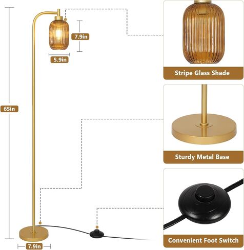 Glass Floor Lamps for Living Room, Vintage Gold Standing Lamp with LED Bulb, Amber Stripe Glass Shade, Foot Switch, Mid Century Modern Brass Tall Corner Lamp for Bedroom Office Reading Room in Saudi Arabia