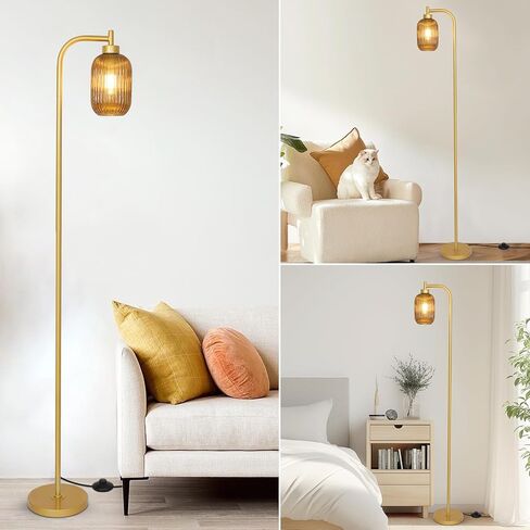 Glass Floor Lamps for Living Room, Vintage Gold Standing Lamp with LED Bulb, Amber Stripe Glass Shade, Foot Switch, Mid Century Modern Brass Tall Corner Lamp for Bedroom Office Reading Room in Saudi Arabia