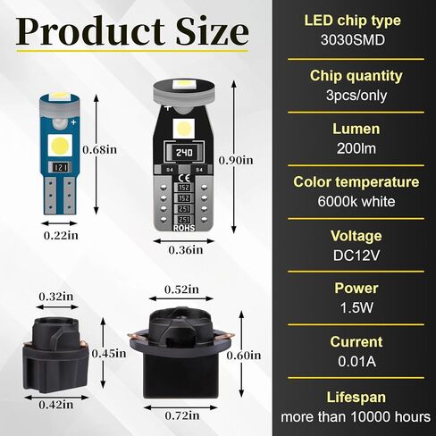 Sixzoo 40 مجموعة مصابيح T10 T5 LED، مصابيح مجموعة الأدوات، مصابيح داش للسيارة الداخلية مع مقبس ملتوي، أضواء مؤشر مجموعة القياس، 37 74 73 2723 2721 T10 158 168 194 2825 مصباح إسفين in Kuwait