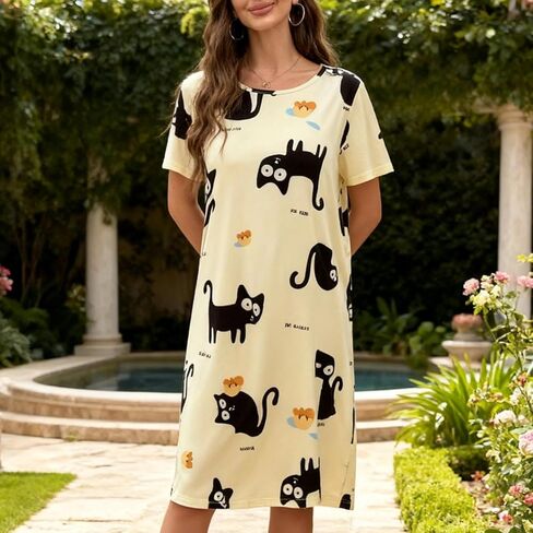 Womens Nightgown Sleep Dress Short Sleeve Nightdress, Casual Loungewear Dress, Cartoon Print Pajama in Saudi Arabia