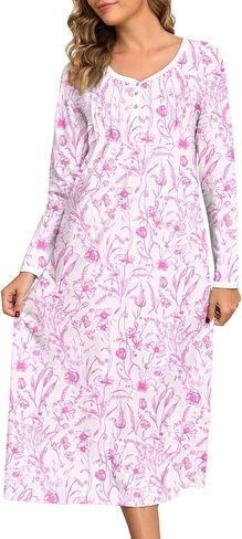ثوب نوم نسائي طويل الأكمام 100% قطن ناعم بطول الركبة ملابس نوم للنساء فستان مريح للاستراحة بيجامة in Kuwait