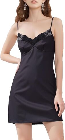 Women's Satin V-neck Nightdress, Silk Nightgrowns with Lace Trim and Spaghetti Straps in Saudi Arabia