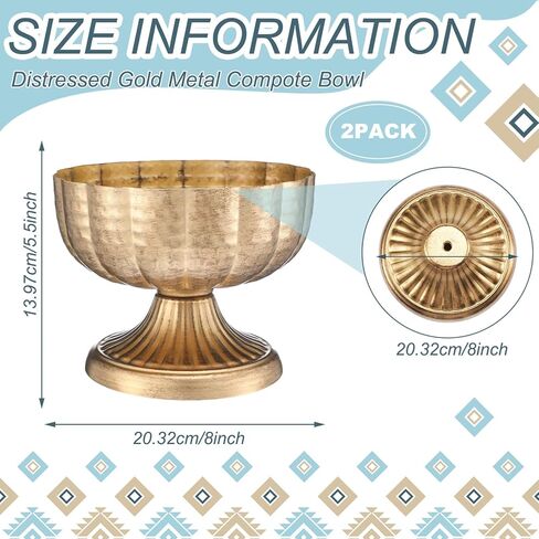 Honeydak 2 Pcs Distressed Gold Metal Compote Bowl 8" Wide Gold Compote Vase Flower Fruits Plant Holder Centerpieces for Wedding Birthday Party Anniversary Indoor Outdoor Activity for Most Event in Saudi Arabia