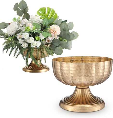 Honeydak 2 Pcs Distressed Gold Metal Compote Bowl 8" Wide Gold Compote Vase Flower Fruits Plant Holder Centerpieces for Wedding Birthday Party Anniversary Indoor Outdoor Activity for Most Event in Saudi Arabia