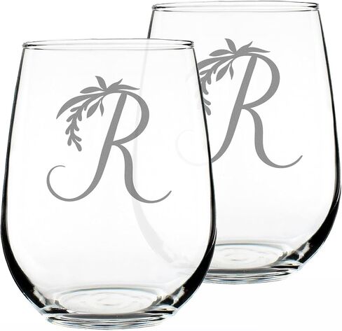 Monogram Floral Letter R - كأس نبيذ بدون جذع - هدايا شخصية للنساء والرجال - أكواب كبيرة منقوشة بوزن 17 أونصة in Saudi Arabia