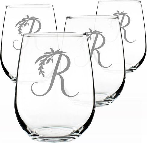 Monogram Floral Letter R - كأس نبيذ بدون جذع - هدايا شخصية للنساء والرجال - أكواب كبيرة منقوشة بوزن 17 أونصة in Saudi Arabia