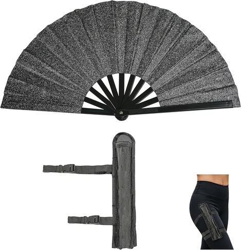 13 Inch Large Folding Fan with Holster, Clack Hand Fans for Line Dancing Festival EDM Party, Portable Foldable Boots on the Ground Fan for Women Men, Party Decoration in Saudi Arabia