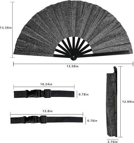 13 Inch Large Folding Fan with Holster, Clack Hand Fans for Line Dancing Festival EDM Party, Portable Foldable Boots on the Ground Fan for Women Men, Party Decoration in Saudi Arabia