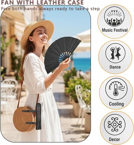 13 Inch Large Folding Fan with Holster, Clack Hand Fans for Line Dancing Festival EDM Party, Portable Foldable Boots on the Ground Fan for Women Men, Party Decoration in Saudi Arabia