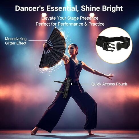 13 Inch Large Folding Fan with Holster, Clack Hand Fans for Line Dancing Festival EDM Party, Portable Foldable Boots on the Ground Fan for Women Men, Party Decoration in Saudi Arabia